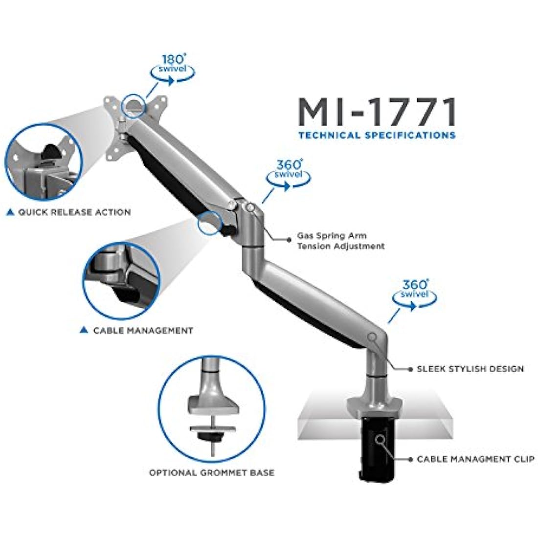 Mount-It! Single Monitor Arm Desk Mount | Gas Spring Monitor Arm | Full Motion Articulating Height Adjustable | Fits 21 22 23 24 27 30 32 Inch VESA Compatible Computer Screen | Clamp and Grommet Base