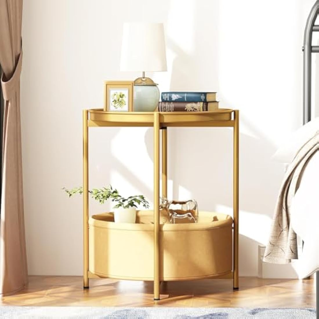 Huhote Side Table, Round End Table with Fabric Basket, Small Bedside Table, Nightstand Sofa Table for Living Room, Bedroom, Bathroom, Balcony, Modern Style (Gold)