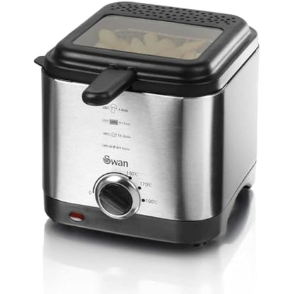 Swan SD6060N 1.5 litre Stainless Steel Fryer with Viewing Window, Non-Stick Coating for Easy Cleaning and Adjustable Thermostat with Indicator Light, Detachable Basket Handle, 900W, Silver