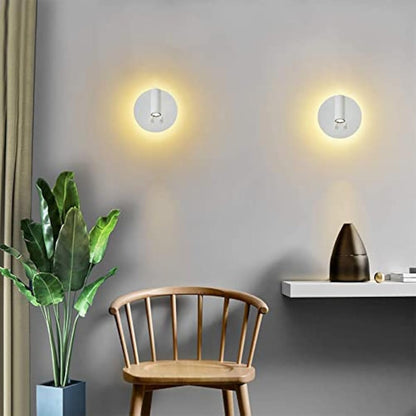 uksunvi LED Wall Mounted Lamp,Bedside Reading Wall Light,12W LED Wall Lamp, Adjustable Spotlight （3W +9W 3000K Warm Light） (2PCS White Circular)