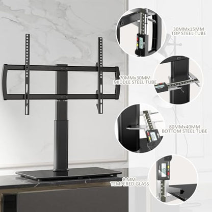 Universal Swivel TV Stand/Base Table Top TV Stand 32 to 70 inch TVs 80 Degree Swivel, 4 Level Height Adjustable, Heavy Duty Tempered Glass Base, Holds up to 40kgs Screens, HT04B-002P