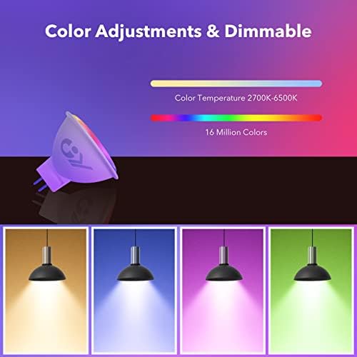 GY MR16 Smart LED Bulb,5W 300lm GU5.3 WiFi LED Light Bulb,Compatible with Alexa/Google Home 2.4 GHz WLAN,Dimmable Warm White Cold White and Multicolour Bulb, Control by APP, 6 PCS