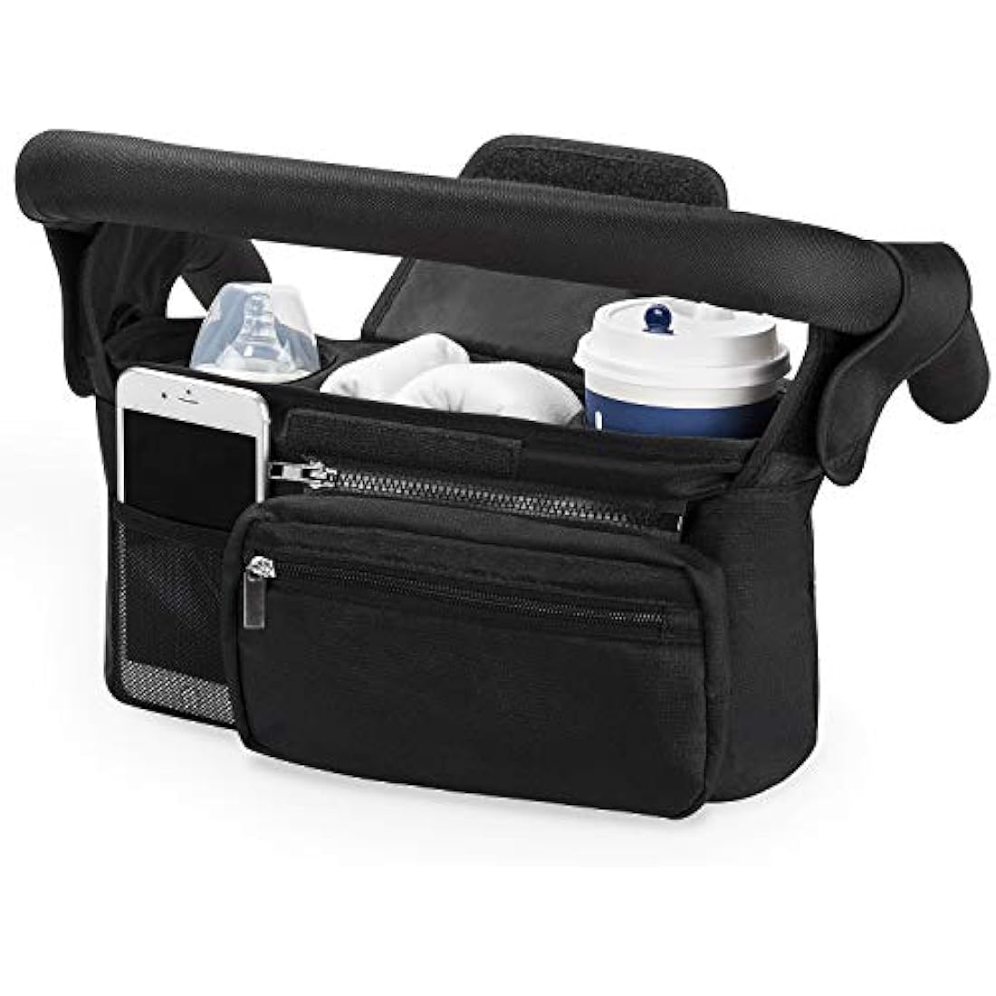 Momcozy Baby Pushchair Organiser, 3 Insulated Cup Holder，Detachable Zippered Pocket, Adjustable Shoulder Strap, Large Capacity for Baby Essentials, Compact Design Fits Any Pram Handlebar