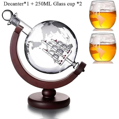 Whiskey Globe Decanter with Glasses Set, Whiskey Carafe Set with 1 Decanter and 2 Glasses with Ship for Scotch, Vodka Gift