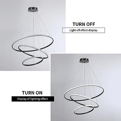 Led Pendant,Dimmable 3 Ring Acrylic Chandelier Lighting Fixture,Black Adjustable Chandeliers Ceiling Light for Kitchen Island Dining Room Living Room Bedroom Foyer Hanging 20+40+60Cm/(7.87+15.7+23.6)
