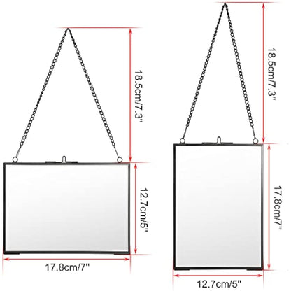 SUMTree Set of 2 Black Glass Hanging Photo Picture Display Frame, Floating Glass Picture Frame with Chain for Family Tree Mini Photo, Gallery Wall Art Work, Pressed Flower, collage, etc, 5 * 7 inch