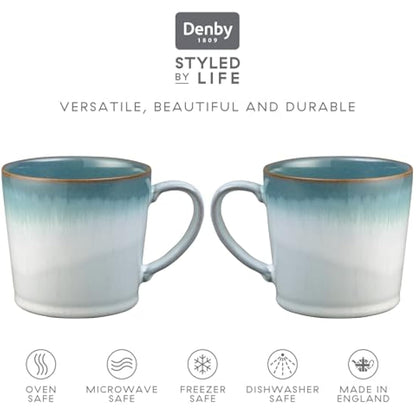 Denby - Azure Haze Blue Coffee Mug Set of 2-400ml Large Stoneware Ceramic Tea Mug Set for Home & Office - Dishwasher Safe, Microwave Safe - Blue, White Reactive Gradient Glaze - Chip Resistant
