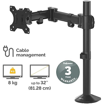 Fellowes Single Monitor Arm - Reflex Mount for 8KG 32 inch Screens - Ergonomic Adjustable Arm Desk Mount - Tilt 45° Swivel 180° Rotation 360°, VESA 75 x 75/100 x 100 - Black