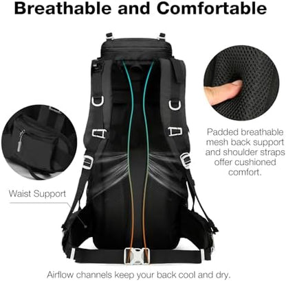 Outplea 60L Hiking Backpack Waterproof for Men Women, Large Camping Backpack with Rain Cover, Mesh Back Hiking Backpack for Travel Trekking Backpacking