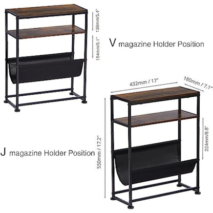 ZEXVIDA Small End Table for Small Spaces - Slim Side Table with Magazine Holder,2 in 1 Design Narrow End Table Living Room,Skinny Bedroom Nightstand Thin Side Magazine Table (Rustic Brown)