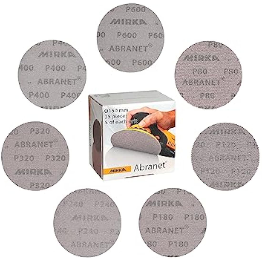 Mirka Abranet net sanding discs Ø 150mm Hook & loop/Mix-pack 5 of each grit 80, 120, 180, 240, 320, 400, 600/35 pcs/Suitable for all 150mm eccentric sanders and sanding machines.
