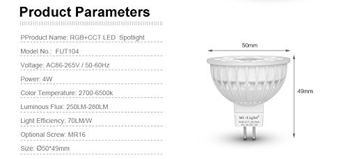 LIGHTEU, 4X 4W 12V MR16 GU5.3 RGB+CCT LED Spotlight Color Changing and CCT WW CW Temperature Adjustable, Original Mi-Light, Bulb with a 4-Zone Remote