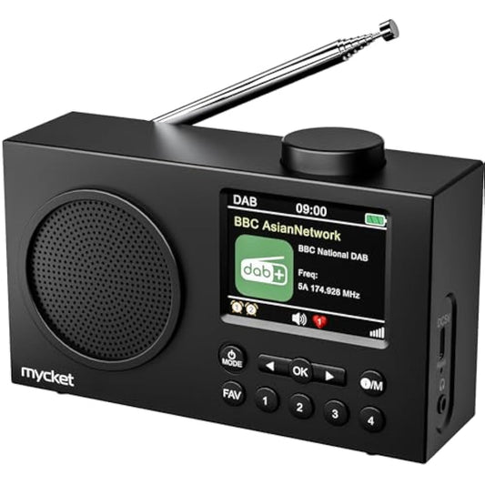 Mycket DAB Radio Portable, DAB Plus Digital Radios with Bluetooth, USB Rechargeable FM Radios, Battery Powered Small Radio,Dual Alarms Clock,Sleep Timer, 40 Presets Stations, 2.4" Large Colour Display