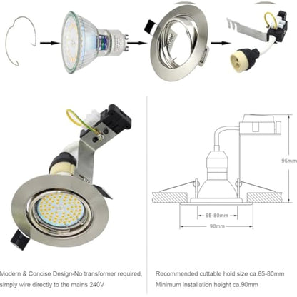 HiBay 6X Round GU10 Downlights Tilt LED Recessed Ceiling Lights Brushed Chrome Spotlights Fitting with 5W LED Bulbs Cool White 240V