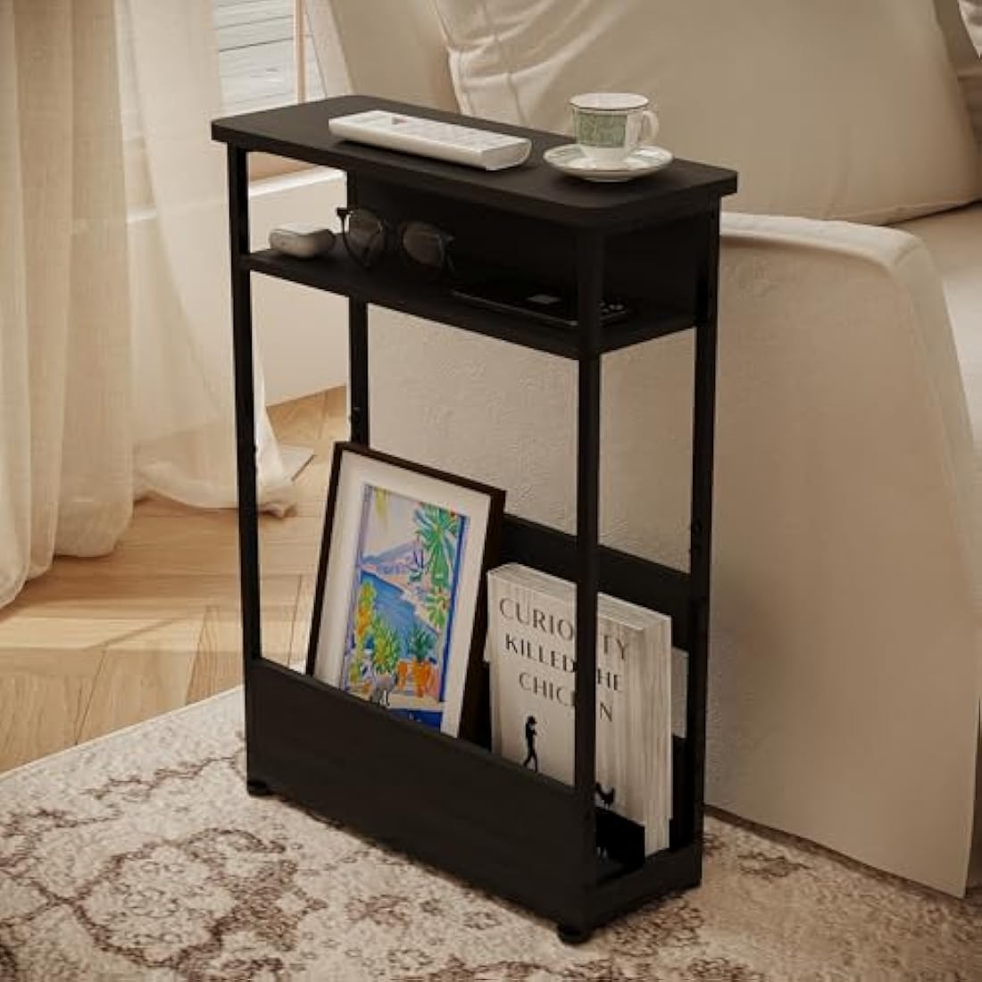 YEAKOO Narrow Side Table with Storage Shelf, 3 Tier Slim End Table for Small Spaces, Narrow Bedside Table, Small Nightstand with Magazine Rack 46x18x62.5cm