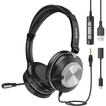 Voistek USB Headset with Microphone for Laptop PC,Wired Computer Headphones With Noise Cancelling Mic & In-line Controls for VoIP, Call Center, Online Classes, Teams, Zoom, Skype