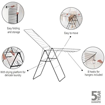 Brabantia HangOn Laundry Drying Rack (25m / Matt Black) Compact, Foldaway, Adjustable Indoor Stainless Steel Clothes Horse