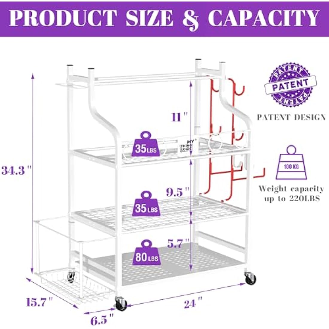 Mythinglogic Dumbbell rack-Yoga Mat weight rack-Home Gym Storage Rack for Dumbbells Kettlebells, Foam Roller, Yoga Strap, Resistance Bands - Workout Equipment Storage Organizer with Hooks and Wheels