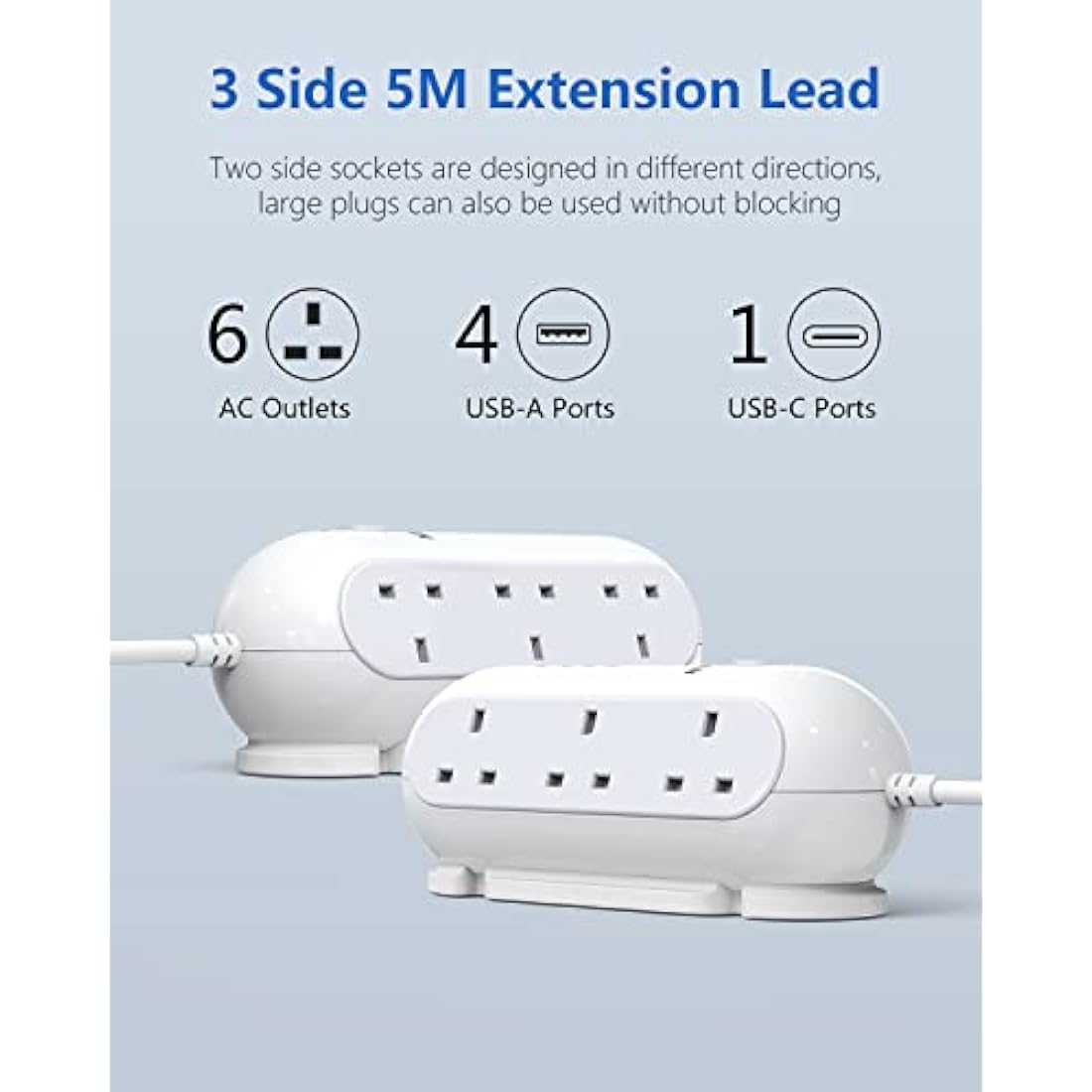 Mscien 5M Extension Lead with USB Slots, 6 Way Sockets 5 USB(1 USB- C and 4 USB-A Port) with 5 Metres Extension cord, 3250W Overload Protection, Security Surge Protection Plug Extension Socket