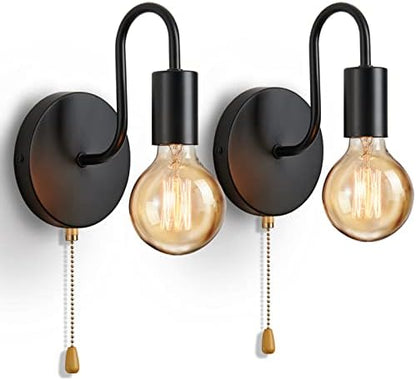 Lightess 2Pcs Wall Light with Switch Pull Cord Wall Lights E27 Socket, Retro Metal Iron Wall Sconces Industrial Wall Lamp for Bedroom Living Room Hallway (No Bulb, Black)