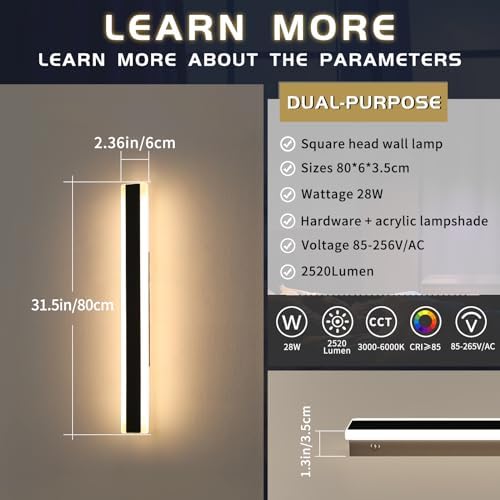 Mikeru 80CM Outdoor Lights with Remote Control, 2Pack Vertical Wall Lights 10% to 100% Dimmable Garage Lights External Main Powered 3000K/4500K/6000K 28W with Memory Function for Garden, Balcony