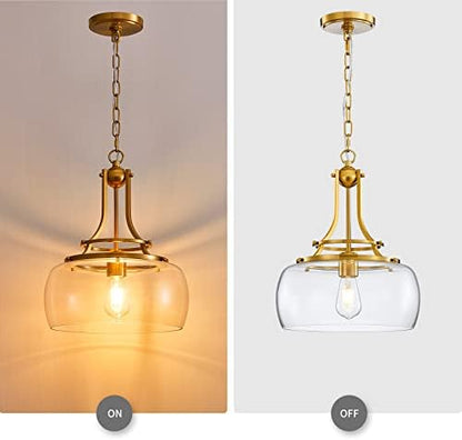 WUZUPS Chandelier Rustic Farmhouse Industrial Round Ceiling Pendant LED Light Fixture with Clear Glass Shades for Dining Room Kitchen Island Foyer Entryway, H 43 x W 34, E27 Base, Brushed Gold