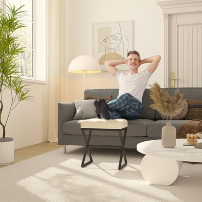 YMYNY Vanity Stool, Linen Footrest Stool, Square Ottoman Bench with X-Shaped Metal Legs, Makeup Dressing Stool for Vanity, Living Room, Bedroom, Entryway, Hallways 40×30×46CM Beige HBD033Y