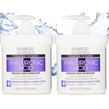 Advanced Clinicals Anti-aging Hyaluronic Acid Cream for face, body, hands. Instant hydration for skin, spa size. (Two - 16oz)