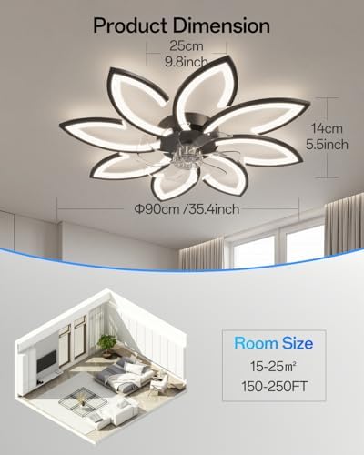 YUNLONG 35.4" Ceiling Fans with Lights and Remote Led Living Room Dimmable Ceiling Lights DC Motor Ceiling Fans with Lamps Reversible 6-Speed Lighting Fan Chandelier for Bedroom Lounge Hall,Black