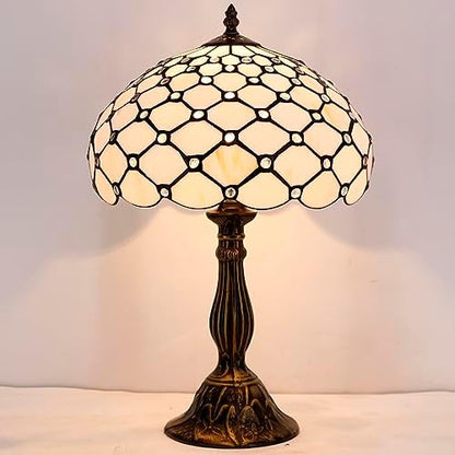 WERFACTORY Tiffany Lamp Cream Amber Stained Glass Bead Table Lamp Desk Bedside Reading Light 12X12X18 Inches Deco Bedroom Living Room Home Office S005 Series