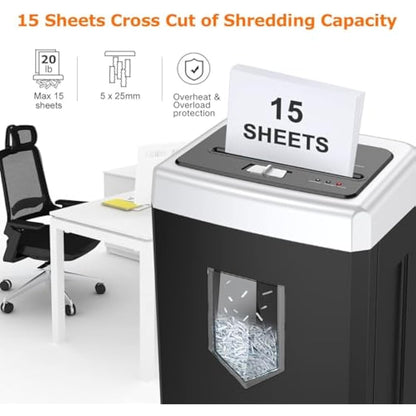 Bonsaii 15-Sheet Cross Cut Paper Shredder for Office, Heavy Duty Shredder for CD/Card, 30-Minute Working Time, 60dB Quiet Shredder with Jam Proof System, 18L Pullout Bin, C169-B (Overall Packaging)