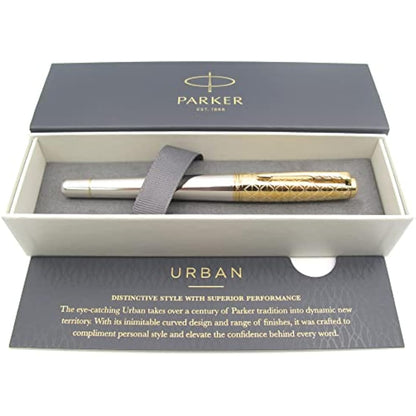 Parker Urban Premium Metal Fountain Pen | Aureate Gold Powder with Intricate Engraved Pattern | Gold Trims | Medium Nib | Gift Boxed