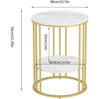 Marble Top Side Table Gold: Small Circle End Tables 40 x 54cm Sintered Stone Bedside with Metal Golden Legs Modern White Nightstand 2 Tier Round Sofa Coffee Table for Bedroom Living Room Furniture