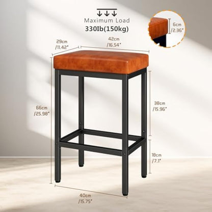 YMYNY Bar Stools, 66 cm Bar Stools Set of 2, Caramel Brown Breakfast Bar Stools, PU Leather Barstools, Bar Stool Chair with 6 cm Thick Cushion and Metal Base for Kitchen Island Counter, Pub, HBS513J