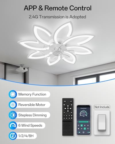 YUNLONG 35.4" Ceiling Fans with Lights and Remote Led Living Room Dimmable Ceiling Lights DC Motor Ceiling Fans with Lamps Reversible 6-Speed Lighting Fan Chandelier for Bedroom Lounge Hall,White