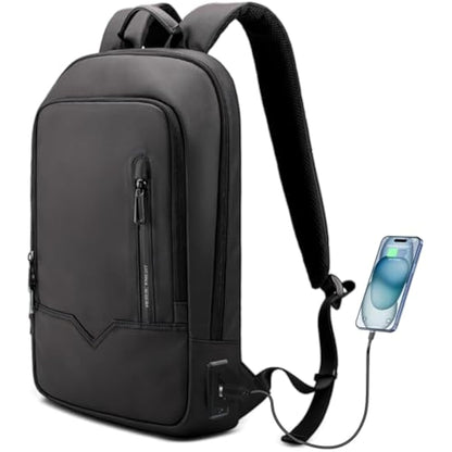 Laptop Backpack, Mens Computer Rucksack Lightweight Slim Laptop Rucksack Waterproof Daypack with USB Charging Port, Compact Bag Business Travel College School Bag for Office Work Outdoor-15.6'', Black