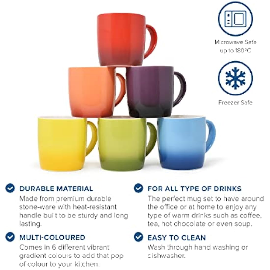 joeji's Kitchen Set of 6 Multi Coloured Tea Coffee Mugs Set - 350ml Capacity - Durable Stoneware - Dishwasher Safe - Ideal Housewarming Christmas Party Gift