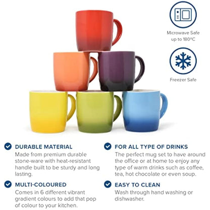 joeji's Kitchen Set of 6 Multi Coloured Tea Coffee Mugs Set - 350ml Capacity - Durable Stoneware - Dishwasher Safe - Ideal Housewarming Christmas Party Gift