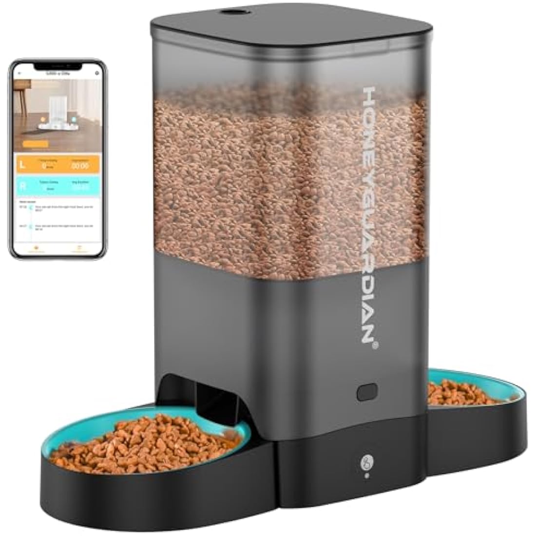 HoneyGuaridan Automatic Cat Feeder, 2.4G WiFi Smart Pet Feeder with APP Control for Remote Feeding, 3.5L Timed Cat Food Dispenser Programmable 1-6 Meals, for 2 Cats & Dogs (with Slow Feeder Bowls)