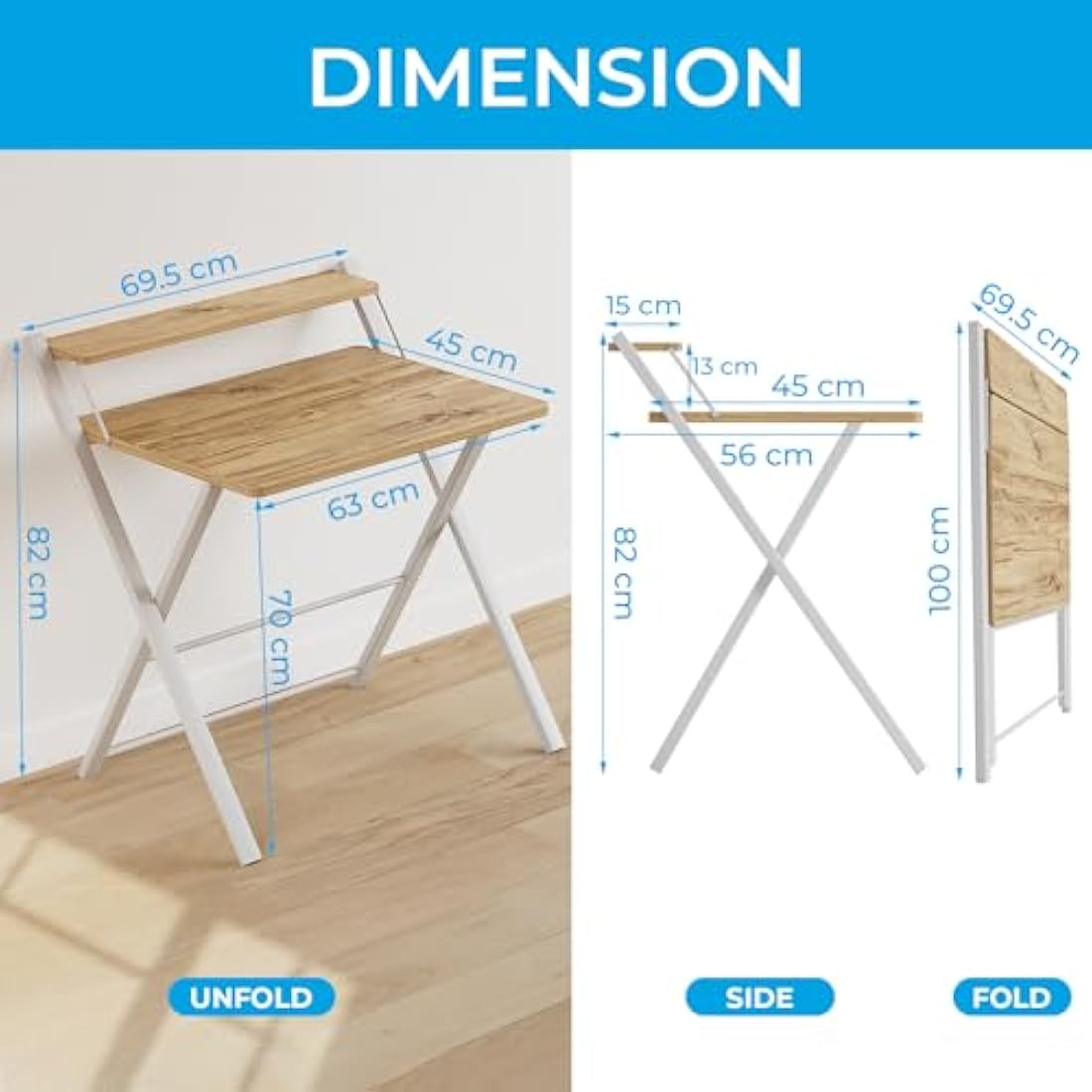 GreenForest Foldable Desk No Assembly Required,Small Desk with Monitor Shelf,Computer Desk for Small Space,Oak