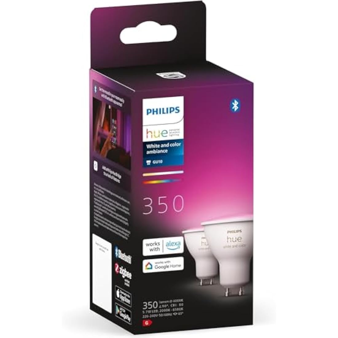 Philips Hue White and Colour Ambiance Smart Light 2 Pack [GU10 Spot] with Bluetooth. Works with Alexa, Google Assistant and Apple Homekit