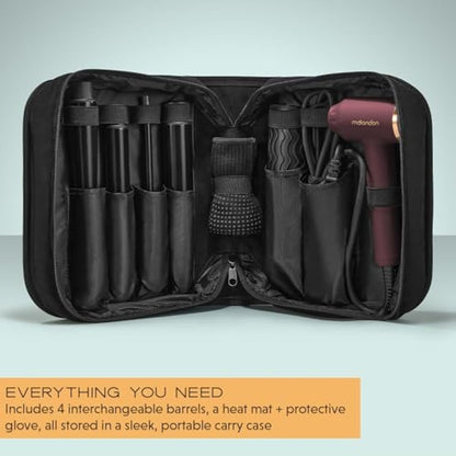 mdlondon CURL Hair Curling Wand (Berry). 4-in-1 Hair Curler with 10mm, 25mm, 32mm & Reverse Conical Barrels. Hair Waver with 14 Heat Settings, Carry Case & Mat - Genuine mdlondon Curling Iron