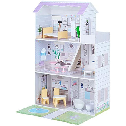 Olivia's Little World Lavender Grand 3-Story Wooden Doll House with Balcony and 16-pc. Accessory Set for 12" Dolls, White with Lavender accents