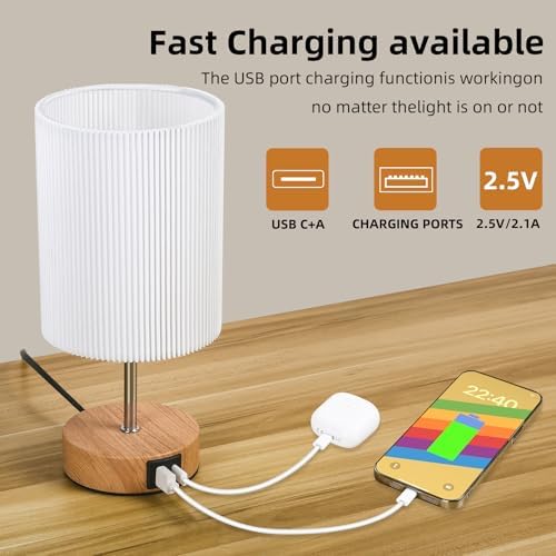 Aomeya Touch Bedside Table Lamp, Dimmable Touch Control Nightstand Lamps with USB-C＆USB-A Charging Ports,with White Fabric Shade for Bedroom Living Room Office,Dimmable Bulb Included