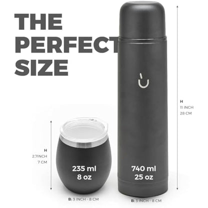 balibetov Complete Yerba Mate Set - Modern Mate Gourd, Vacuum Flask, Bombilla and Cleaning Brush Included - All Premium Quality 304 18/8 Stainless Steel (Black)