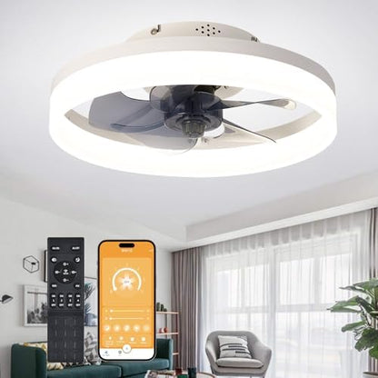 MOSSCO Ceiling Fans with Lights and Remote, LED Dimmable 3 Colour 6 Speeds Reversible Fan Light, Modern Fan Lights Ceiling for Bedroom, Flush Mount Low Profile Ceiling Fan Light White 40CM
