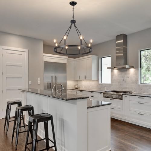 ASHUAQI Wagon Wheel Chandelier, 8-Light Black Chandelier Ceiling Lights Living Room, Rustic Modern Farmhouse Chandeliers Ceiling Light for Dining Room, Kitchen, Hallway, Bedroom, Hall
