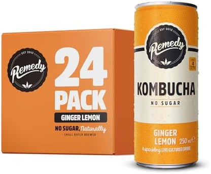 Remedy Raw Kombucha Tea - Sparkling Live Cultured Drink - Sugar Free Ginger Lemon - 250ml Can (24 Pack)