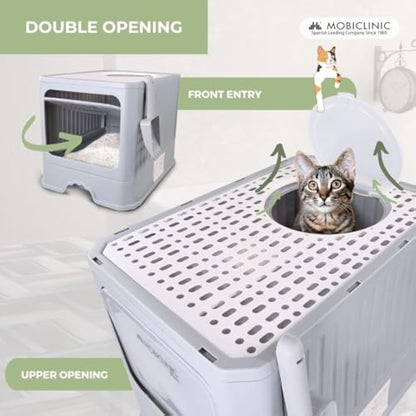 Mobiclinic® Pets, Covered Cat Litter Box, Removable Drawer, Includes Scoop, CatBox, Dual Front and Top Entry with Lid, Top Grid, Elegant Aesthetic, Detachable Structure