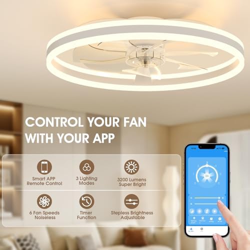 NIORSUN Ceiling Fans with Lights and Remote, 60cm Modern Smart LED Ceiling Fan Light, 6 Speeds and 3000K-6500K Dimmable Quiet Fan Lights Ceiling for Bedroom Living Room Dining Room (White)